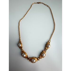 Gold Tone Faux Pearl Statement Necklace Vintage Style Oval Pearl Link Necklace